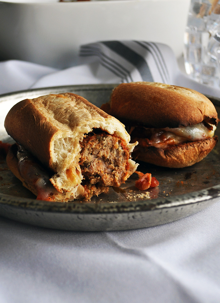 Meatball sandwich with marinara and provolone.