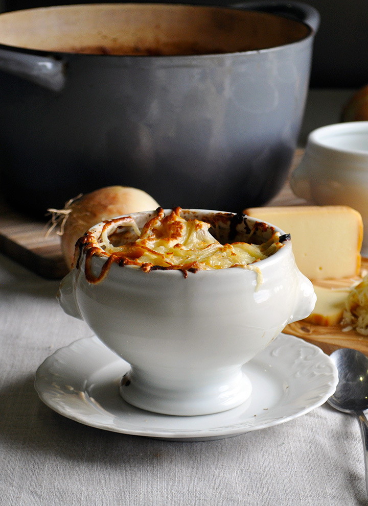 A bowl of crock pot French onion soup. 