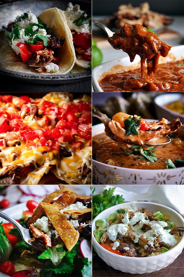 A collage of 6 different recipes made with Carnitas: tacos, green chili, nachos, Spanish potato soup, taco salad, and quinoa carnitas veggie bowls.