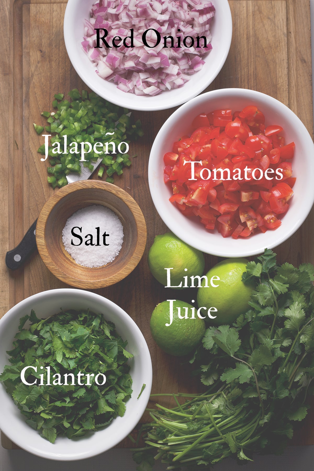 All the ingredients needed to make pico de gallo. 