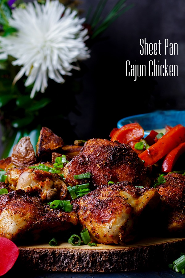 Sheet Pan Cajun Chicken with Vegetables and Cheesy Grits
