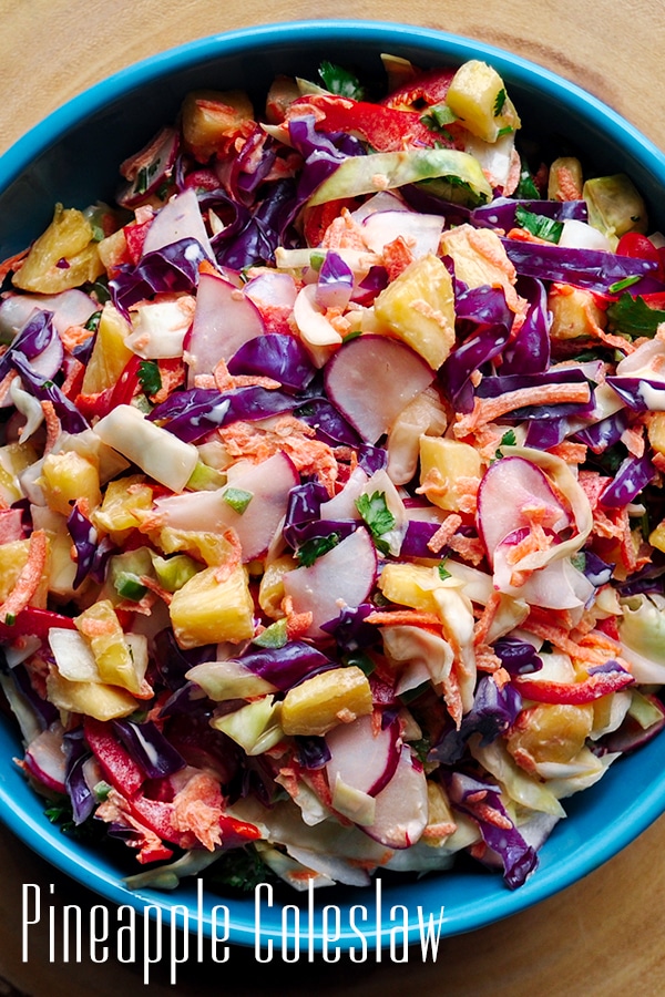 A bowl of pineapple coleslaw.