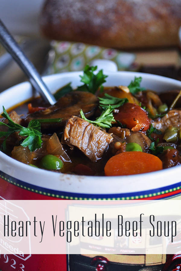 A bowl of homemade vegetable beef soup.