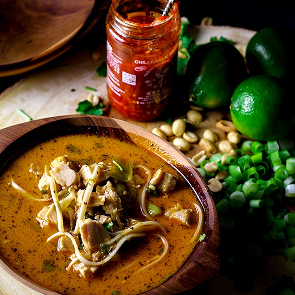 A bowl of Thai Chicken Noodle Soup