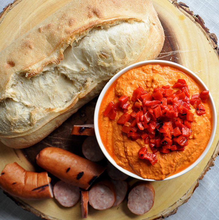Roasted Red Pepper Hummus, bread and sausage