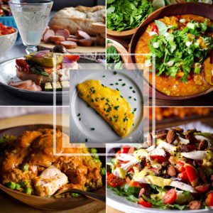 This summer meal plan includes grilled hummus and veggie sandwiches, Shrimp, rice, and shiitake mushroom soup, French omelettes, Indian butter chicken, and Roast chicken salad with mango lime dressing.