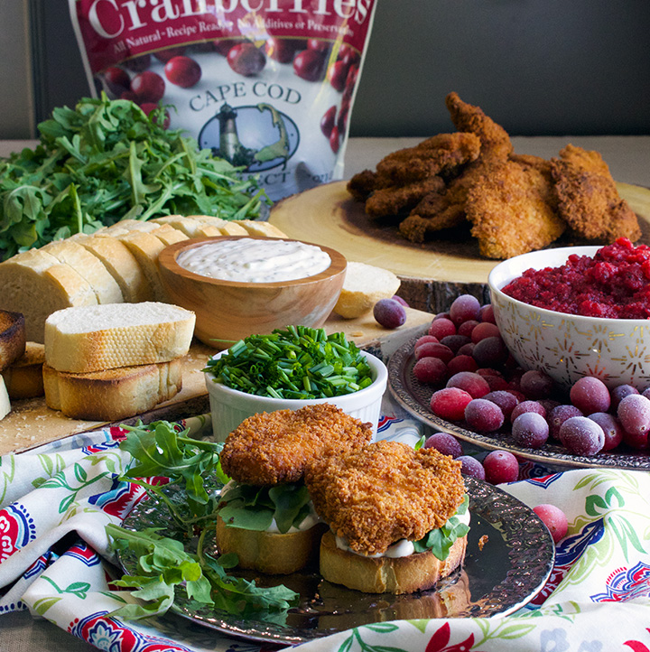 Fried chicken sandwiches with savory mayonnaise, arugula, and spicy cranberry relish.