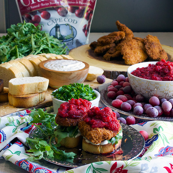 Fried chicken sandwiches with savory mayonnaise, arugula, and spicy cranberry relish.