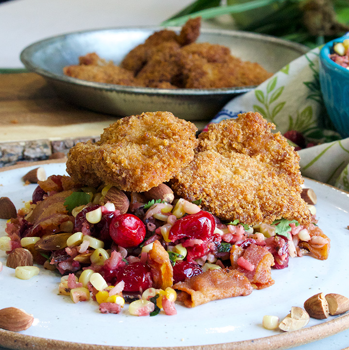 Wild rice, cranberry and corn salad with fried chicken.