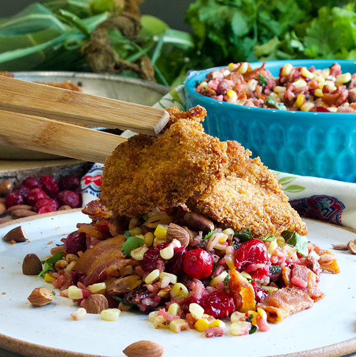 Wild rice, cranberry and corn salad with fried chicken.