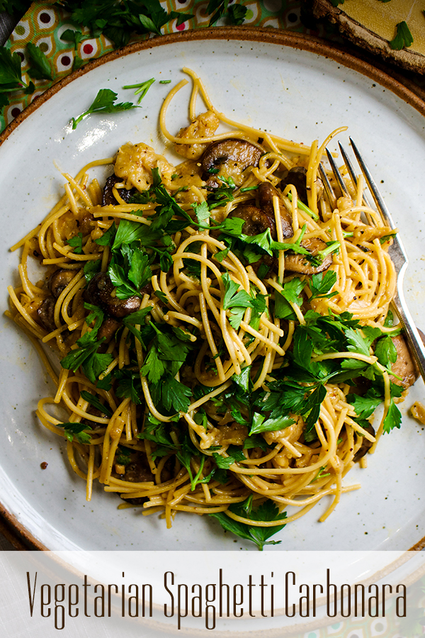 A plate of Vegetarian Spaghetti Carbonara.