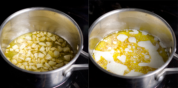 Slowly cooking garlic in olive oil then adding some milk to make garlic mascarpone mashed potatoes.