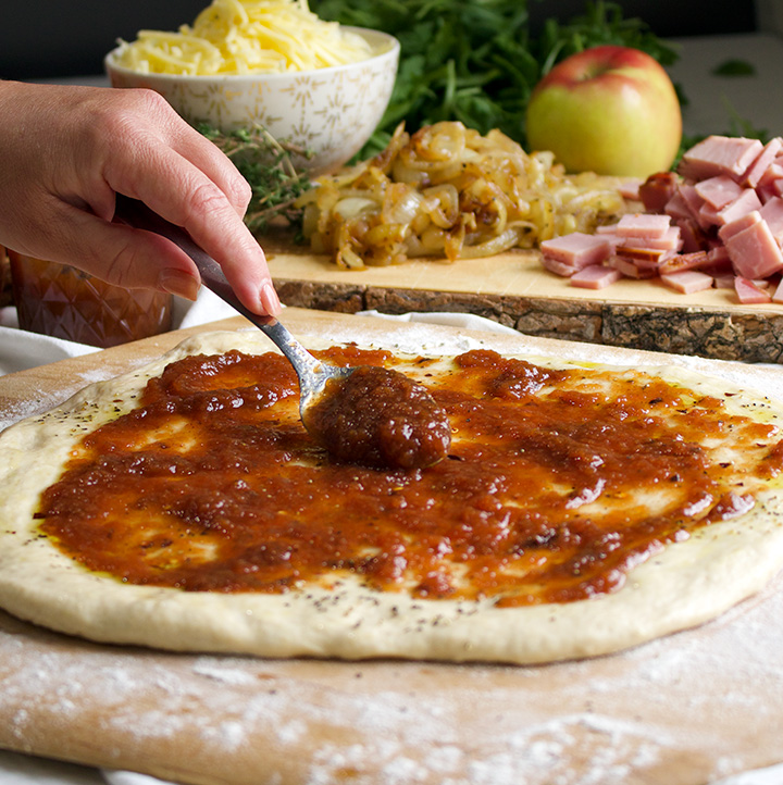 Ham and Cheese Pizza with Caramelized Onions and Apple Butter