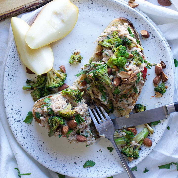 Italian Tuna Sandwich with sautéed broccoli, tomatoes, and roasted almonds