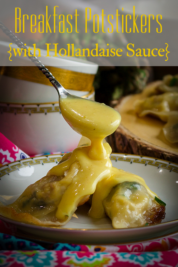 Pouring Hollandaise sauce over a plate of breakfast potstickers.