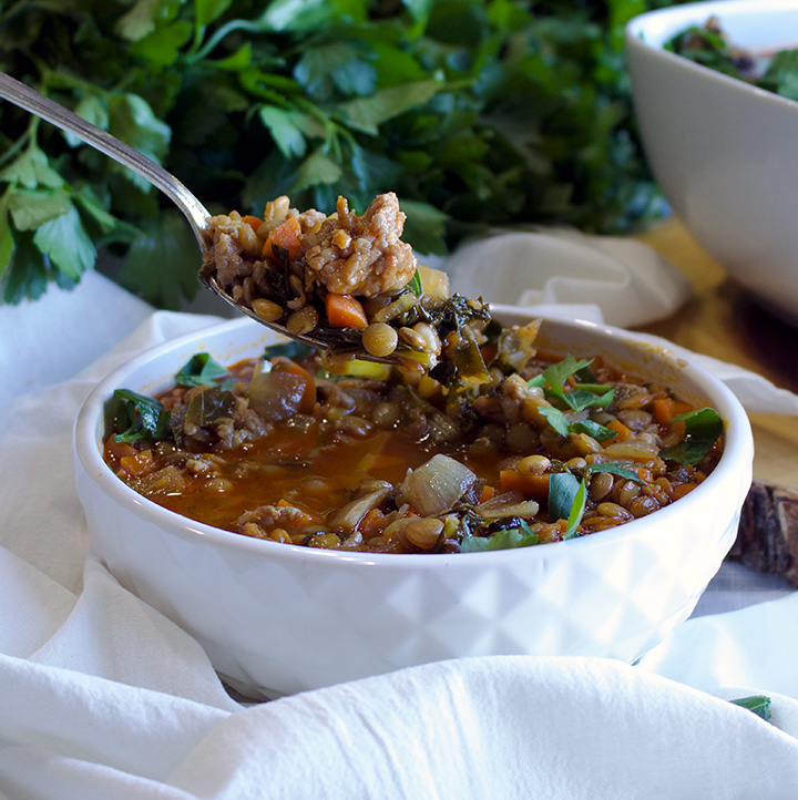 Spanish Style Sausage and Lentil Soup with Kale