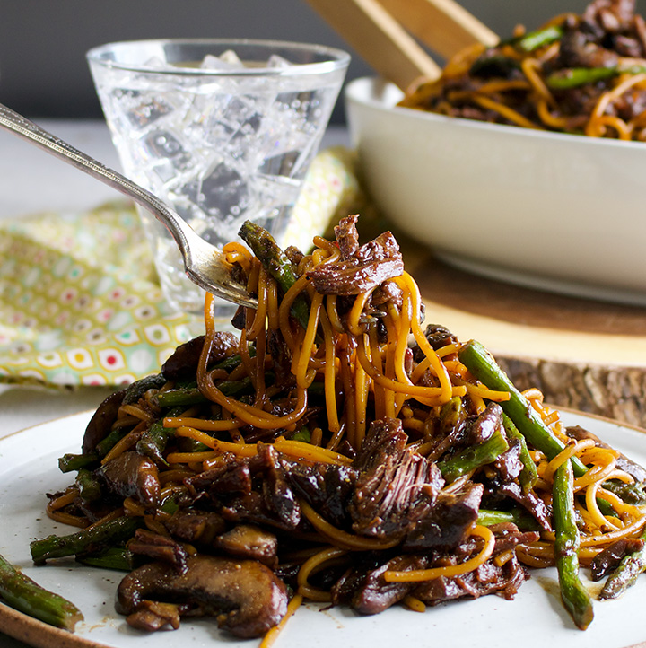 Slow Cooker Asian Short Rib Pasta with Mushrooms and Asparagus