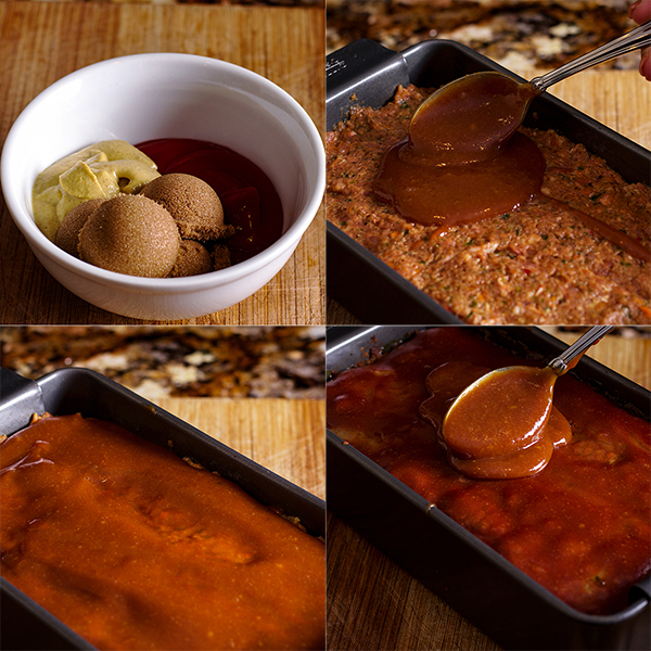 Four photos showing how to make a simple ketchup, mustard, and brown sugar glaze for meatloaf.