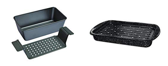 Two photos showing a Meatloaf pan and a broiler pan.