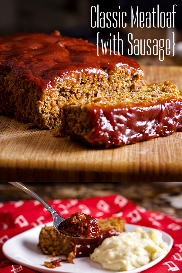 Two photos showing a classic meatloaf. In the first photo, the meatloaf is on a wood cutting board and has been cut in half so you can see the juicy inside. In the second photo, someone is using a fork to lift a bite of meatloaf from their plate.
