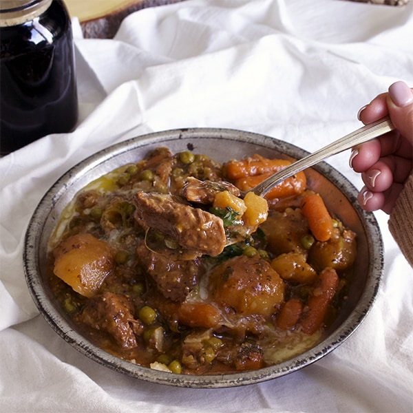 Taking a bite of Irish Beef and Guinness Stew