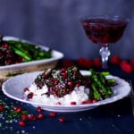 Pomegranate Raspberry Sesame Chicken with rice and asparagus