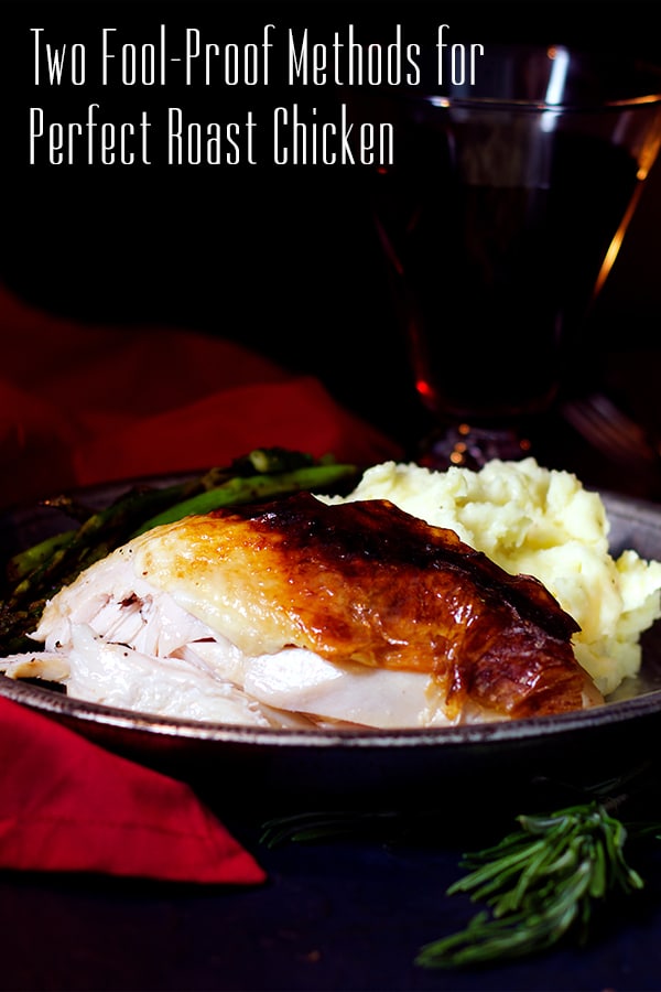 A plate with buttermilk roast chicken, mashed potatoes, and green beans