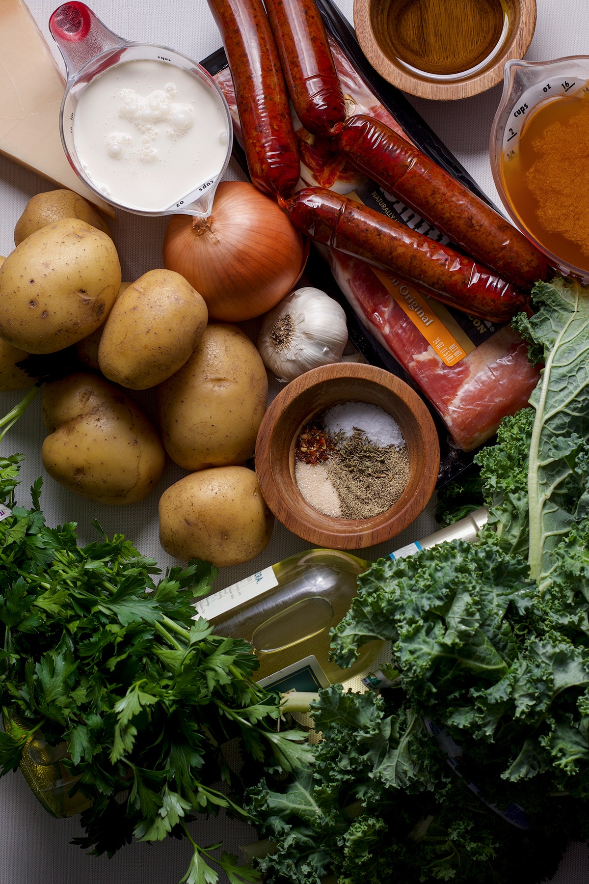 All the ingredients needed to prepare Zuppa Toscana.