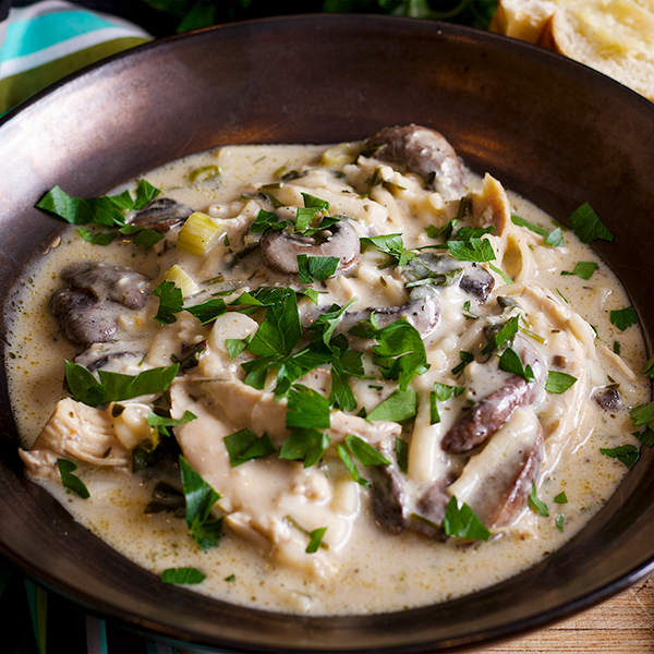 A bowl of Creamy Chicken and Mushroom Soup.