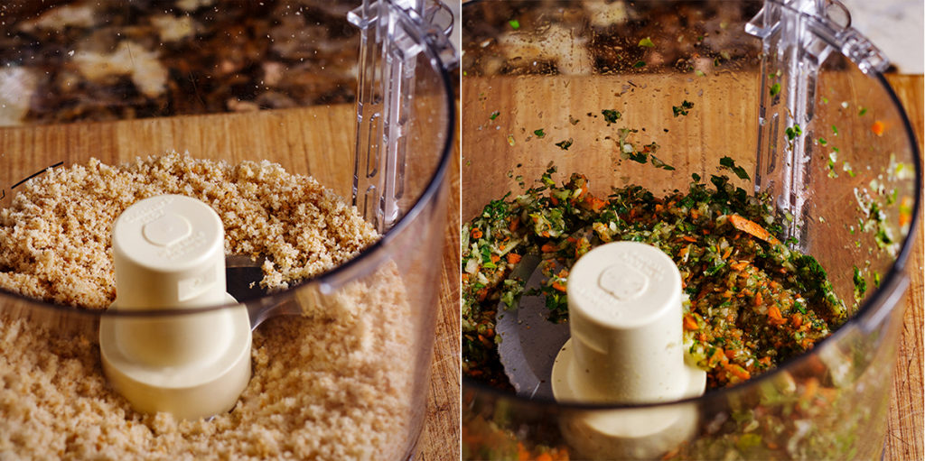 Two photos showing how to chop bread in a food processor and how to chop vegetables and herbs in a food processor. 