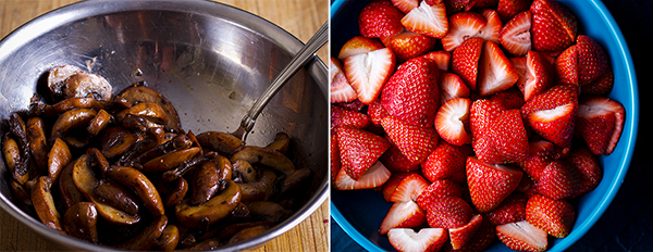 A bowl of sautéed mushrooms and another bowl of sliced strawberries.
