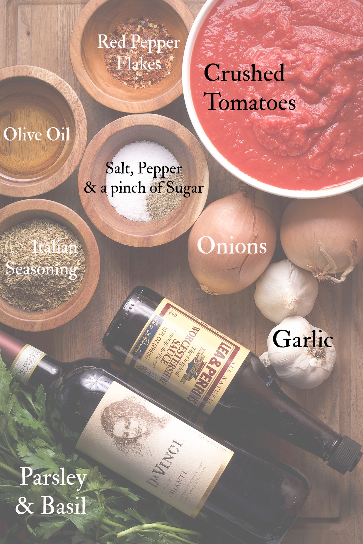 All of the ingredients needed to make this homemade marinara sauce recipe.