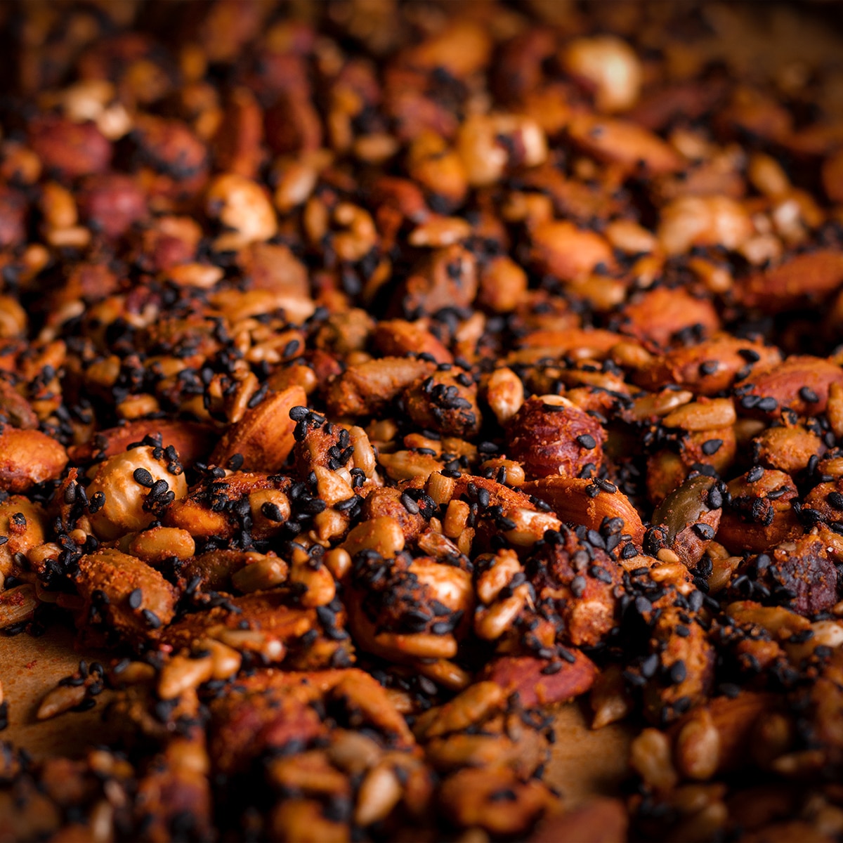 A tray of Yemenite Ja'ala, roasted, spiced nut and seeds.