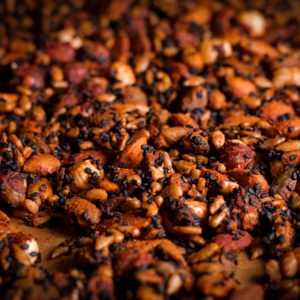 A tray of Yemenite Ja'ala, roasted, spiced nut and seeds.