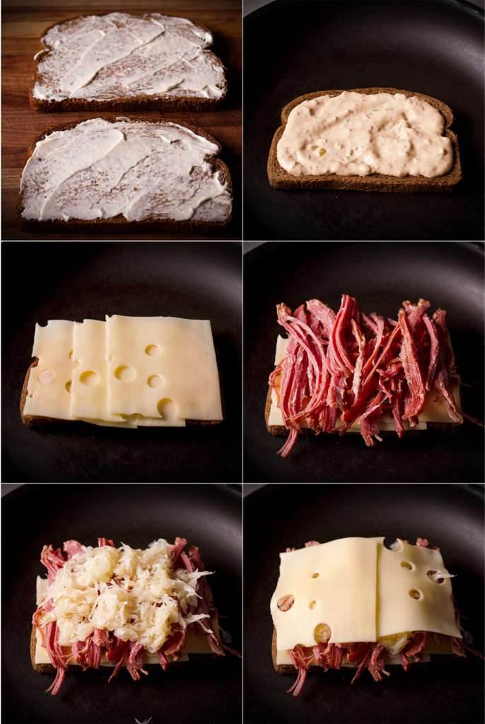 Six photos showing how to build a Reuben Sandwich.