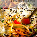 A bowl of Asian Noodles with Creamy Kimchi Sauce and a fried egg.