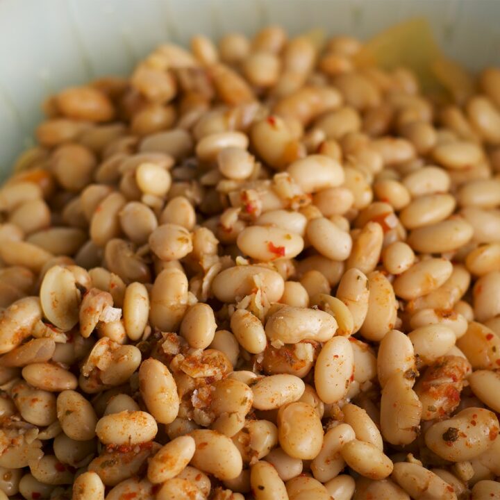 Cooked white beans in a bowl, ready to be used in a recipe.