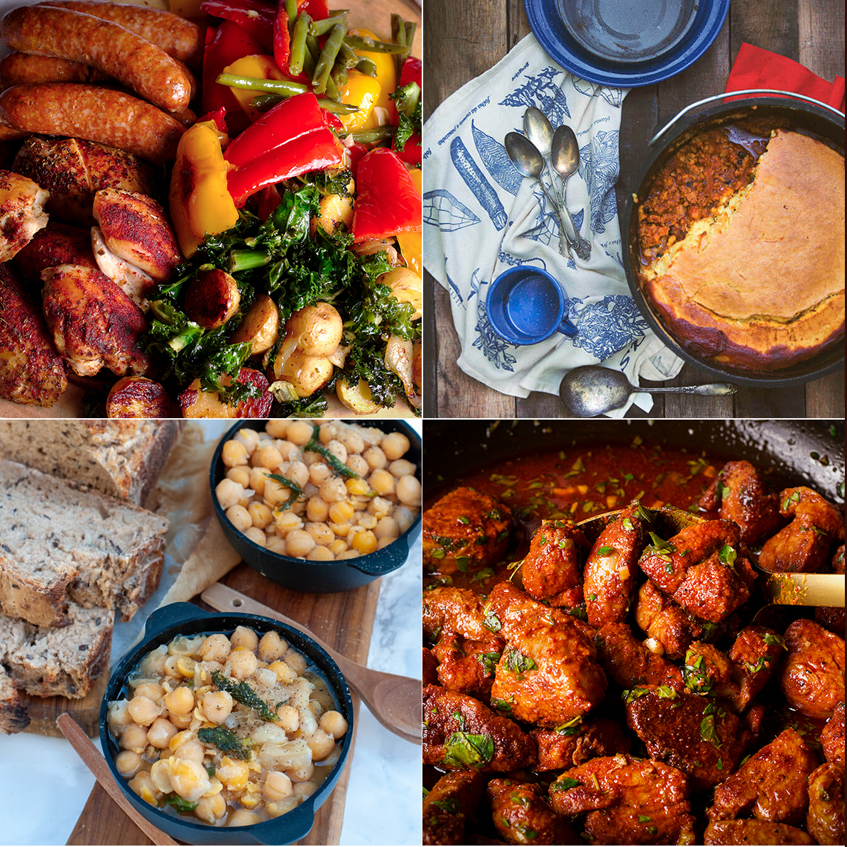 A photo collage showing 4 different one-pot camping meals.
