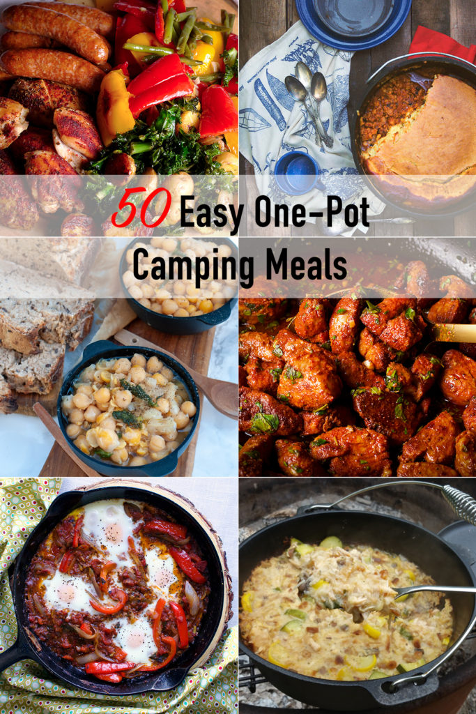 A photo collage showing 6 different one-pot camping meals.