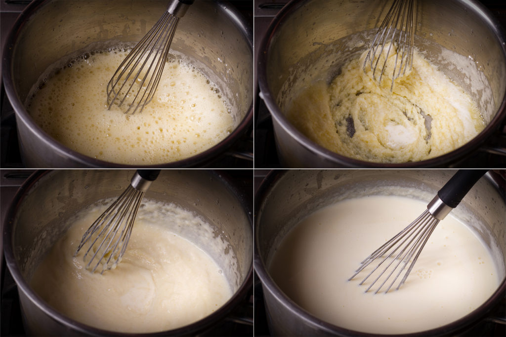 Four step-by-step photos showing how to add half and half slowly to the roux to make a smooth béchamel sauce.
