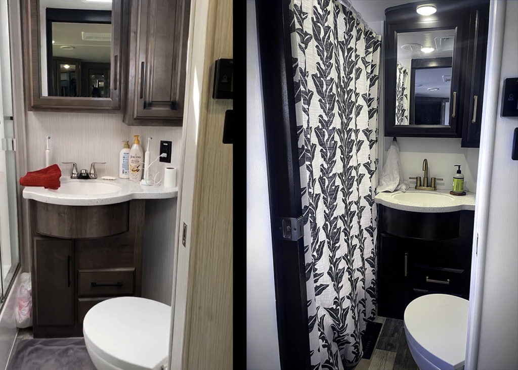 Before and after photos showing how we remodeled the bathroom in our RV.