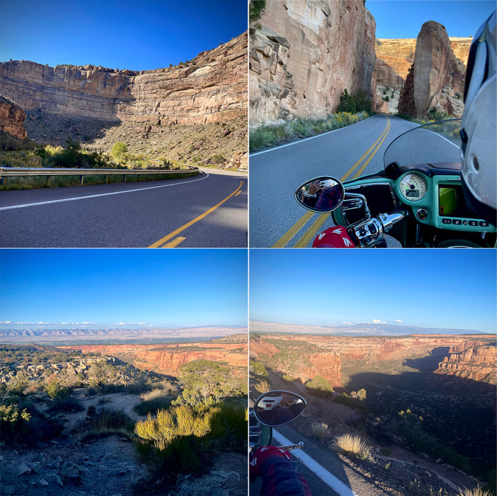 Four photos taken from the back of a motorcycle while riding through Colorado National Monument.