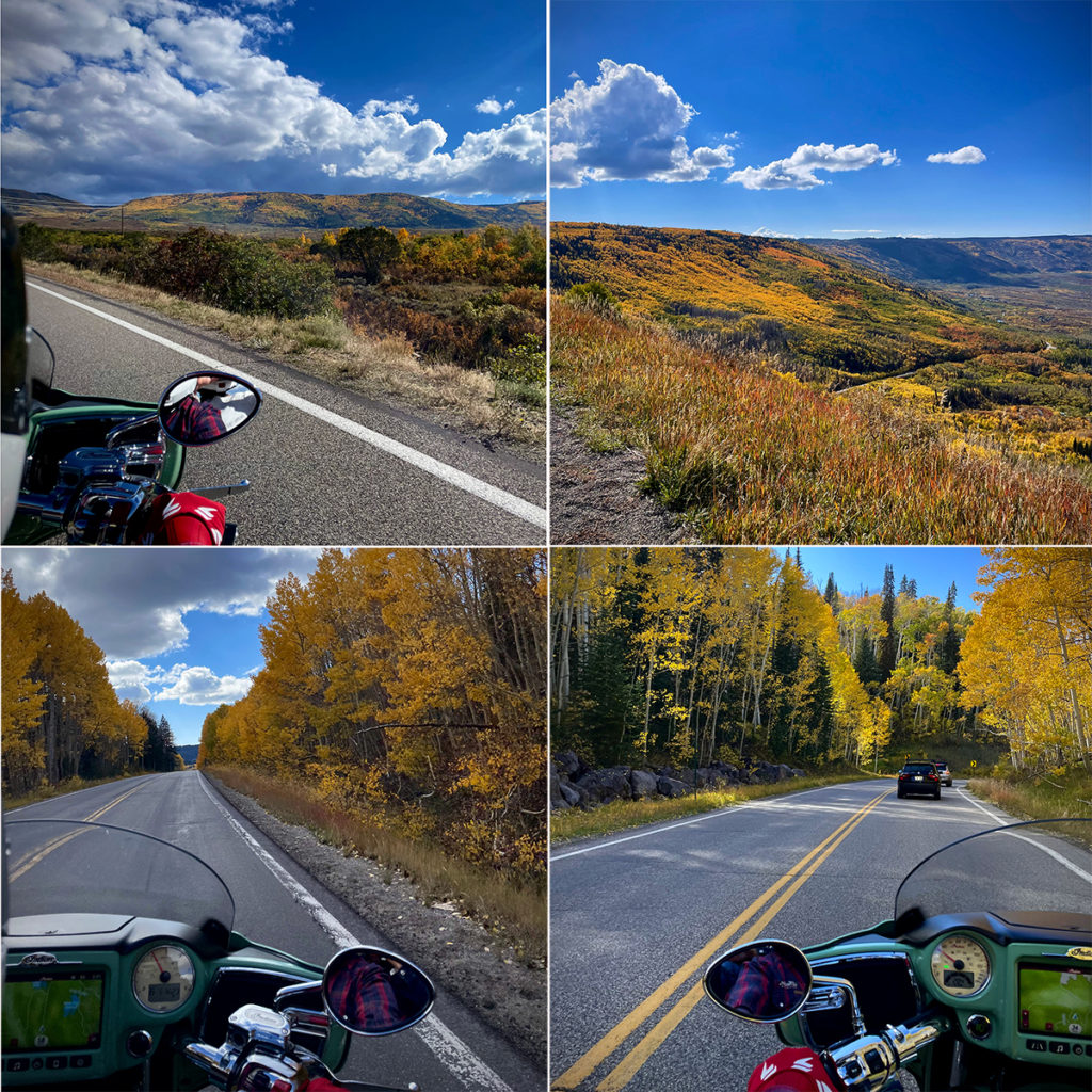 Four photos taken from the back of a motorcycle showing the golden fall leaves in Grand Mesa, Colorado.
