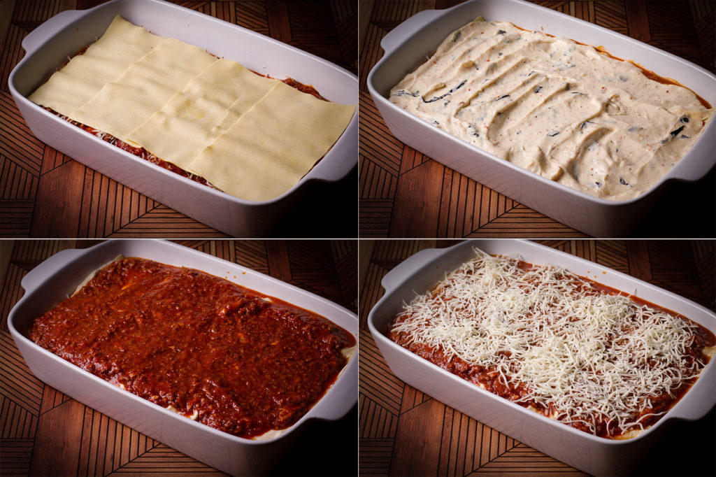Step by step photos showing how to layer lasagna bolognese into a baking dish.
