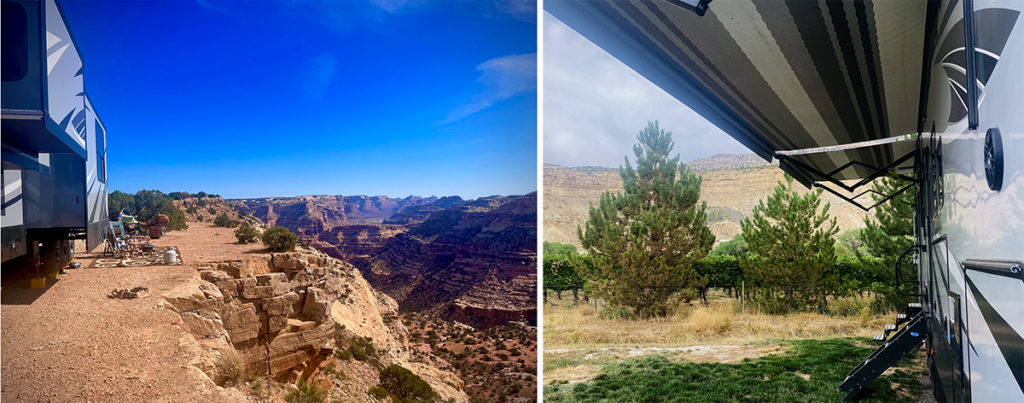A photo of our 5th wheel RV parked on the rim of The Little Grand Canyon and a second photo showing our 5th wheel RV parked at an RV park in Palisade, CO.