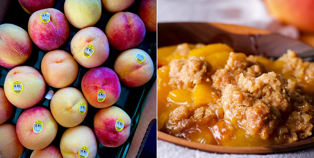 A photo of a box of Colorado Peaches and a photo of a bowl of warm peach cobbler.