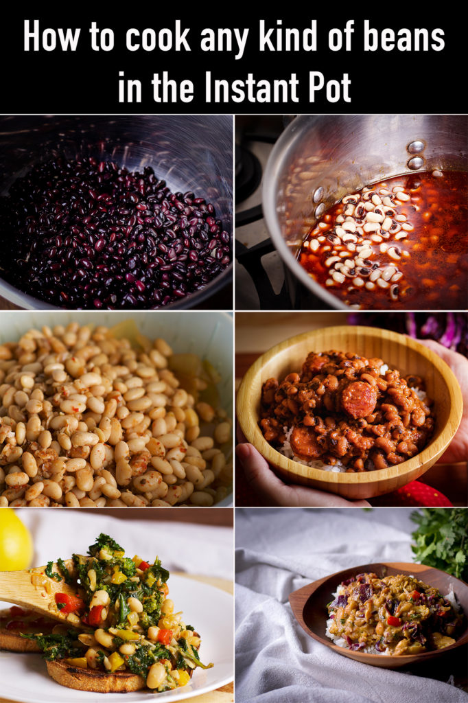 Six photos showing six different kinds of beans that have been cooked in an Instant Pot.