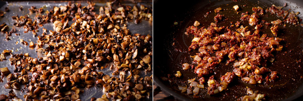 Two photos showing how to roast chopped mushrooms then cook them with onions and spices to make mushroom ragù.