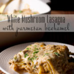 A piece of white mushroom lasagna on a plate in front of a casserole dish with the entire lasagna.