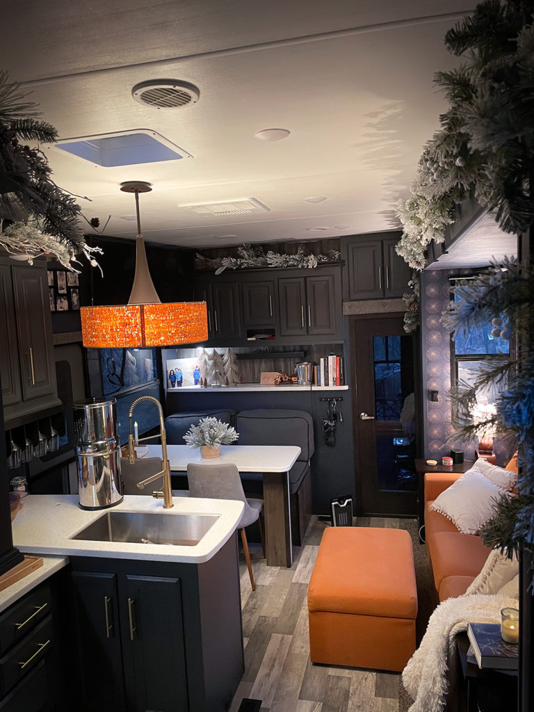 A photo showing the inside of our RV all decorated for Christmas. 
